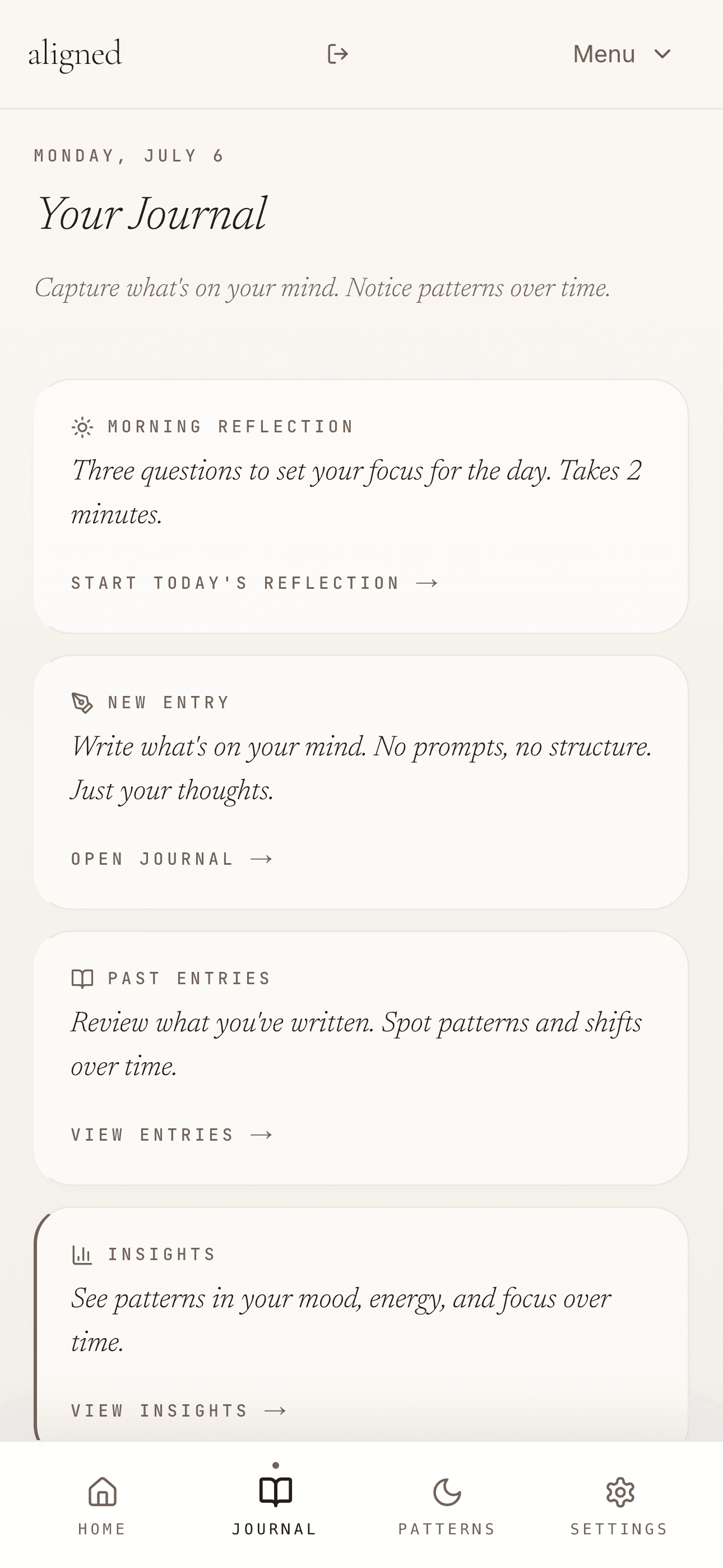 The Aligned journal screen, showing morning reflection, new entry, past entries and insights